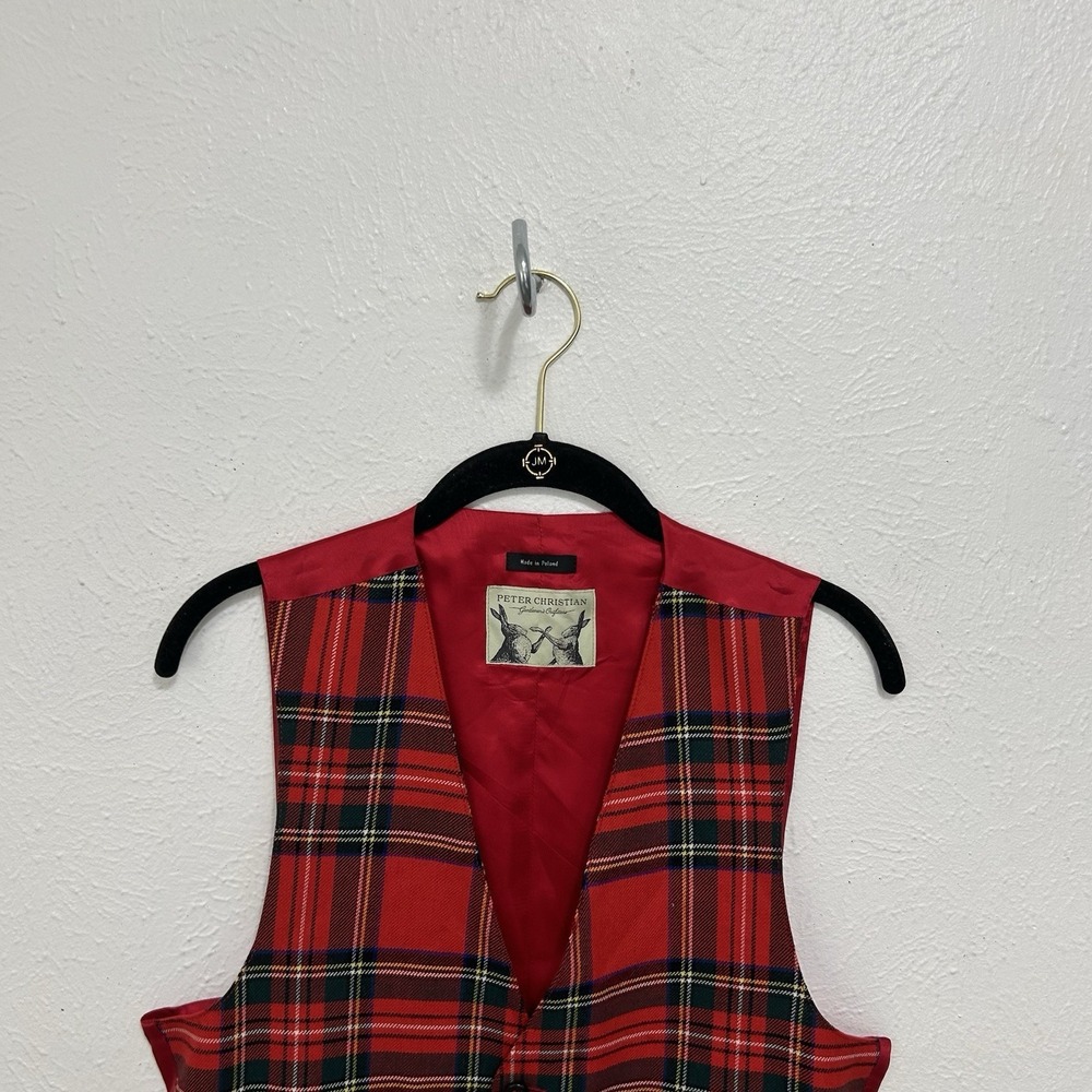 Peter Christian Wool Waistcoat Vest Red Tartan Plaid 5 Button John Hanly Sz 36R - Picture 3 of 9